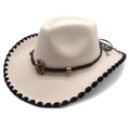 Detail of beige wool cowboy hat featuring a braided brown band and black stitched edges - M (56-58cm) / Beige