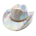 Chapeau de cowboy coloré à motif serpent, finition métallique irisée et ruban perlé - M (56-58cm) / Blanc