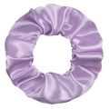 Close-up of purple satin hair scrunchie showing glossy fabric texture and pleated design - Light Purple