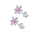 Detailed view of pink flower stud earrings with zircon petals and secure screw backings - Pink Marquise Flower