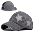Distressed dark grey ponytail baseball cap with star patches and washed denim look - One Size(Adjustable) / Gray