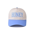 Macro detail of the blue HONEY 3D embroidery on a cream and light blue cotton baseball cap - Adjustable / Honey Sky Blue