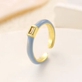Macro detail of adjustable blue enamel ring with rectangular clear zircon stone setting - Rectangular Clear Zirconia Open Ring (Light KC Gold Square Drill 11954)