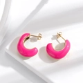 Hot pink enamel C-shaped stud earrings with gold edges and butterfly backs - Gold Base / Rose Red