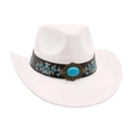 Chapeau de cowboy blanc avec bande ethnique turquoise et broderies florales - Blanc [Broderie Cuir Large]