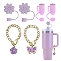Purple silicone straw covers and gold floral butterfly charms for tumbler accessories - Purple Series Flower Butterfly Set