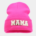 Rose pink knit beanie featuring gold-edged MAMA towel embroidery patch for women - Light Rose Red