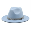 Elegant light blue wool felt fedora hat with sparkling rhinestone band and M metal logo - M (56-58cm) / Sky Blue