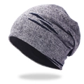 Berretto in maglia grigio mélange con strisce blu e calda fodera interna isolante - Blu Notte