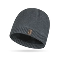 Dark grey core-spun yarn knit beanie with soft fleece lining and a decorative patch - One Size / Medium Grey
