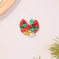 Detailed view of red and green plaid bows with golden bells and holly berries decor - Red & Green Plaid with Green Leaves