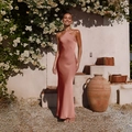 Detailed texture of dusty rose satin fabric on a backless sleeveless maxi dress - S / Pink