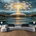 Detalle de tapiz de pared mandala con loto y paisaje en azul y dorado para decoración - 150x130cm / Loto Dorado