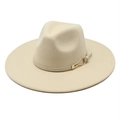 Classic wide-brim wool fedora hat in cream with elegant leather band and gold buckle detail - M (56-58cm) / Beige