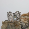 Adjustable S925 sterling silver ring featuring oval blue gemstone and filigree details - Aquamarine Vintage Filigree Style (LR235)