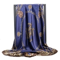 Navy blue satin scarf with golden chain and leopard print draped on a metal frame - Navy Blue