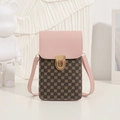 Pink and brown contrast crossbody phone bag with circle pattern and gold buckle - Pink