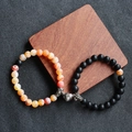Detail of heart magnet clasp and orange agate beads on couple distance bracelets - 1 Pair Pack / Matte Stone + Orange Weathered