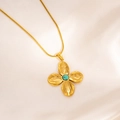 Golden flower pendant necklace with turquoise center on brushed metal texture steel - Gold Green Petal