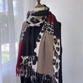 Women's faux cashmere leopard print scarf with tassel trim and colorblock design - Red