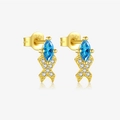 S925 Sterling Silber Goldfisch Ohrstecker mit blauem Markasitstein und Zirkonia Akzenten - 925er Silber / Kleiner Fisch Blau Gold Stil (MME1128-2)