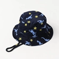 Dark blue kids bucket hat featuring light blue dinosaur print and yellow stars pattern - Star Dinosaur / 54cm