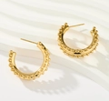 Golden titanium steel C-shaped hoop earrings with textured bead pattern for women - Style 3-Beaded Texture