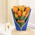 3D pop-up greeting card featuring orange tulips in a blue base with a small gift tag - Yellow Tulip