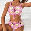 Detail of pink crochet daisy bikini set with white floral appliques on high waist shorts - One Size / Top And Bottom / Pink