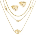 Three-layer gold necklace and stud earrings set with heart and evil eye charms - Triple Layer Evil Eye Style (KS201101-HDJ)