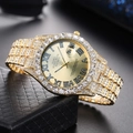 Detail view of full gold quartz watch encrusted with rhinestones and date display - Gold Case Gold Sunray Dial