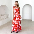 Red floral summer dress with thin straps and pink wavy edge trim in A-line silhouette - S / Red with White Flowers