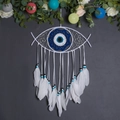 White evil eye dream catcher with feathers and beads against a grey wall - Ms9148c / As Shown