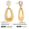 Vista detallada de pendientes de gota en acero dorado con circón y dimensiones - Estilo de Gota de Agua Dorada (JDE0311119)