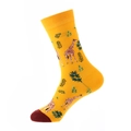 Mid-calf cotton sock in yellow with giraffe and leaf patterns and deep red accents - 909 Giraffe
