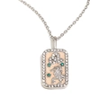 Silver zodiac square pendant necklace with beige enamel, diamonds, and green gems - Leo / Silver