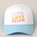 Close-up of LIVE LOVE BEACH embroidery and mesh detail on the blue trucker hat - One Size / Sky Blue