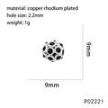 Detailed view of silver rhodium plated crown bead with black zircon and 2.2mm hole - Silver & Black Hollow Bead (P02221)