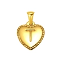 Golden 3D heart necklace pendant with beaded border and letter T engraving - Heart Initial T Pendant (SP151G-T)