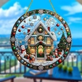 Christmas acrylic round ornament featuring Santa and gingerbread house with a gold cord - 15x15cm