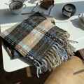 Retro thick plaid scarf in navy blue and brown with long fringes for winter - Starry Sky
