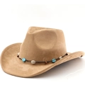 Chapeau de cowboy en daim bohème avec bande ethnique de coquillages et perles kaki - M (56-58cm) / Chameau