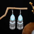 Detail of silver ethnic earrings with blue enamel, colorful beads and leaf tassels - Silver Pink Green Enamel Willow(E7276)