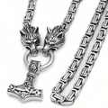 Detailed close-up of a silver Viking Thor's Hammer pendant with an intricate wolf head - 60CM / Silver Thor Hammer Pendant