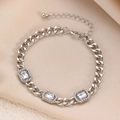 Silver Cuban chain bracelet with rectangular crystal charms on silk background - White Gold Square Zircon Cuban Bracelet (WG-1203)