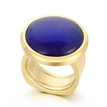 Golden multi-layer wide band ring featuring a large round blue cat eye stone - US 6 / Golden Blue Cat's Eye Style (KR107541-K)