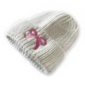 White chunky knit beanie for children featuring pink embroidered bow detail - White