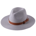 Grey straw Panama sun hat for women featuring a brown leather decorative band - M (56-58cm) / Light Gray