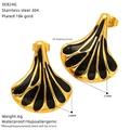 Detail showing 27x23mm fan-shaped 18k gold plated stainless steel earring with oil drip - Black
