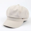 Classic beige beret newsboy hat for women with twill texture and side metal detail - Off White